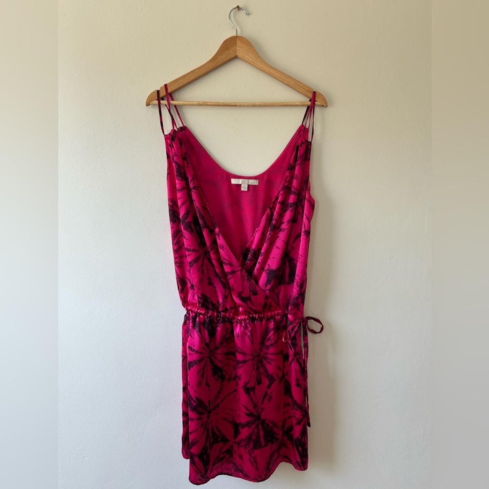 Hot pink, shibori dyed, silk, tie strap, low cross front, mini dress